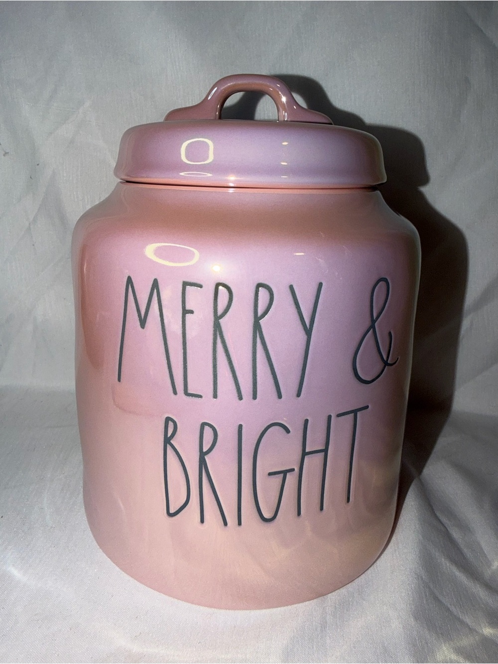 Rae Dunn Pink Iridescent Merry & Bright Canister Cookie Jar Christmas Decor